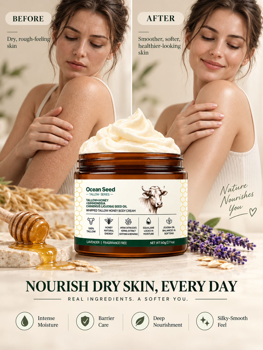Whipped Tallow Body Cream with Honey & Jojoba Oil, Lavender Scent Moisturizing Body Butter for Dry Skin