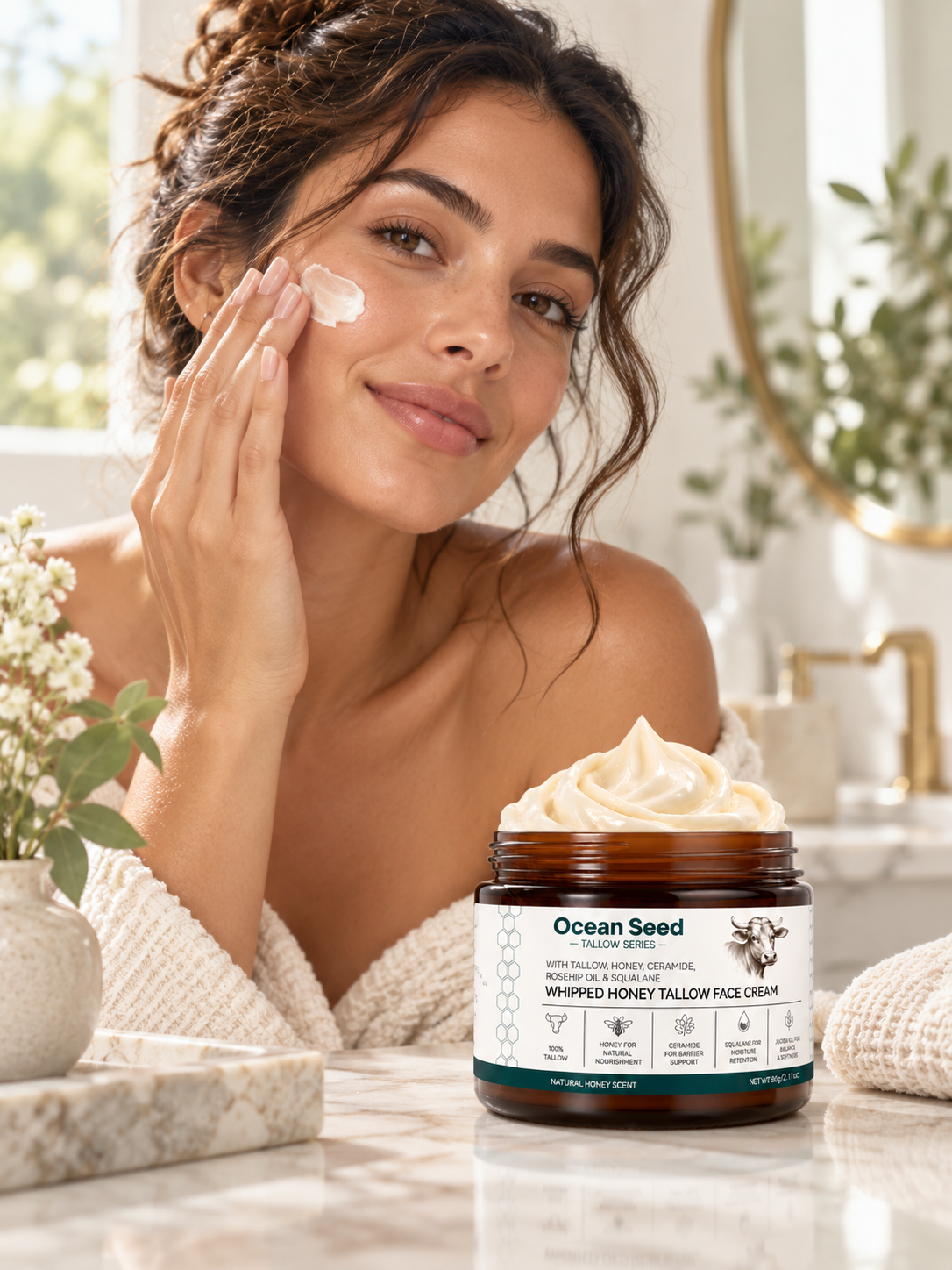 Whipped Tallow Face Cream Natural Unscented | Deep Hydrating Moisturizer for Dry Skin | Skin Barrier Support with Honey, Ceramide, Squalane & Jojoba Oil