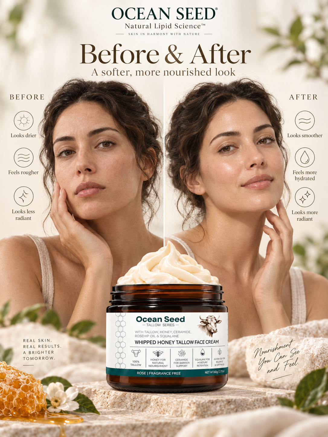 Ocean Seed Rose Infused Tallow Face Cream | Whipped Nourishment with Honey & Ceramide