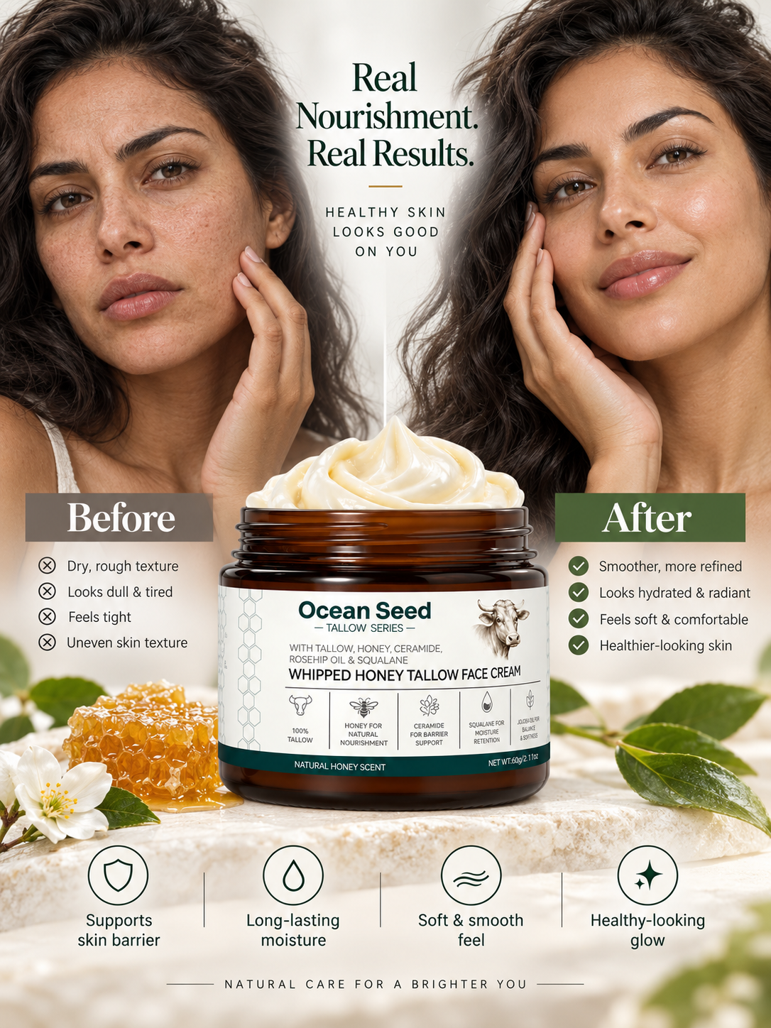 Whipped Tallow Face Cream Natural Honey Scent | Deep Hydrating Moisturizer for Dry Skin | Skin Barrier Support with Honey, Ceramide, Squalane & Jojoba Oil
