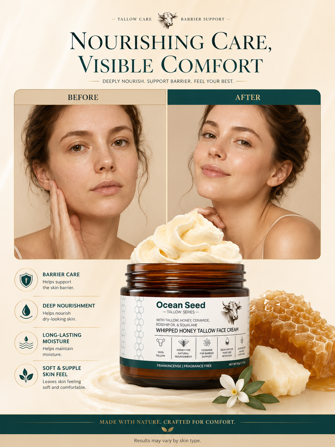 Ocean Seed Whipped Honey Tallow Face Cream – Deep Nourishing Moisturizer with Ceramide, Squalane, Rosehip Oil & Jojoba Oil