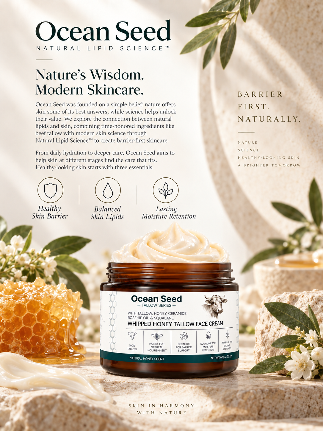 Whipped Tallow Face Cream Natural Unscented | Deep Hydrating Moisturizer for Dry Skin | Skin Barrier Support with Honey, Ceramide, Squalane & Jojoba Oil
