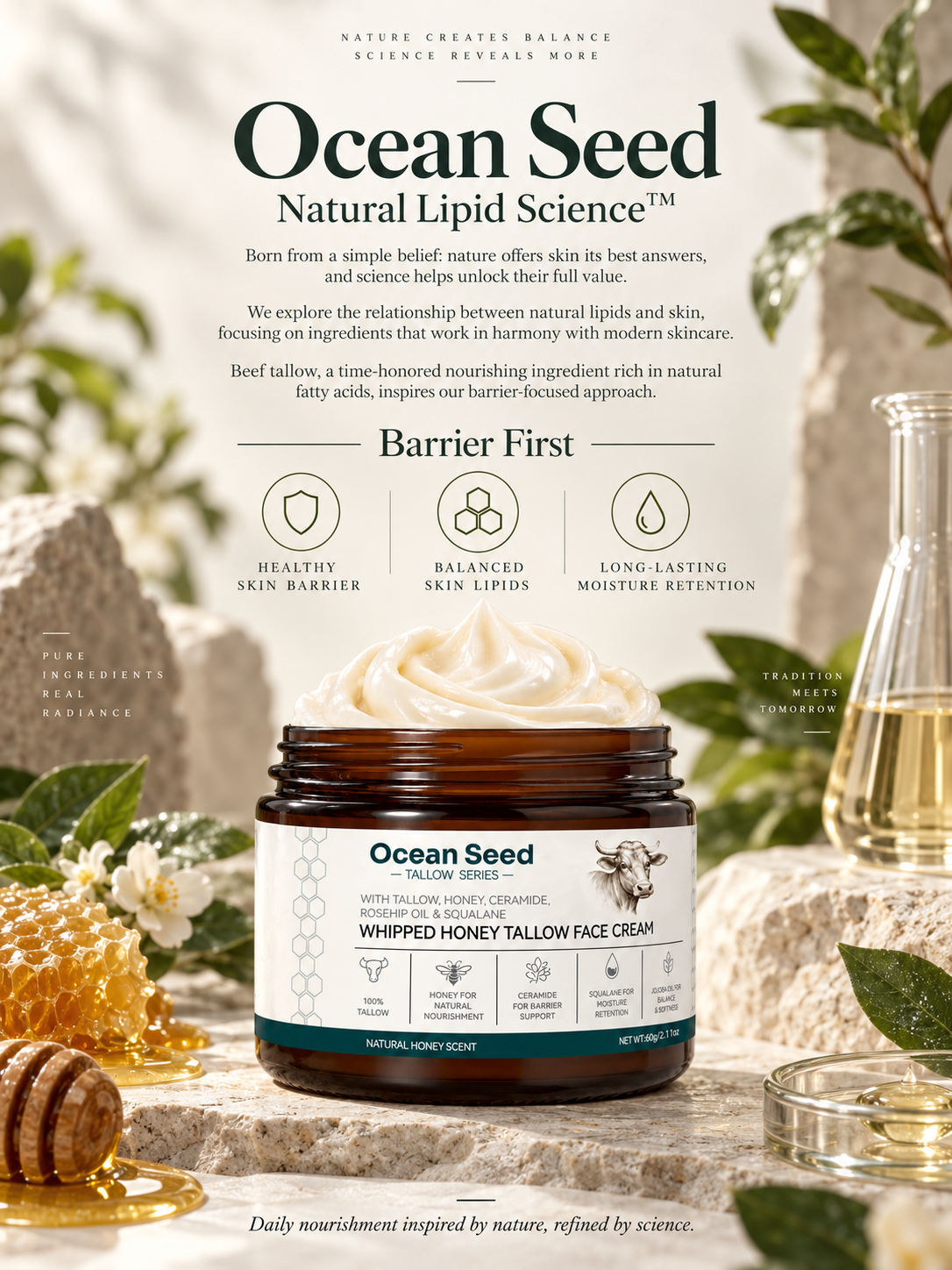 Whipped Tallow Face Cream Natural Honey Scent | Deep Hydrating Moisturizer for Dry Skin | Skin Barrier Support with Honey, Ceramide, Squalane & Jojoba Oil